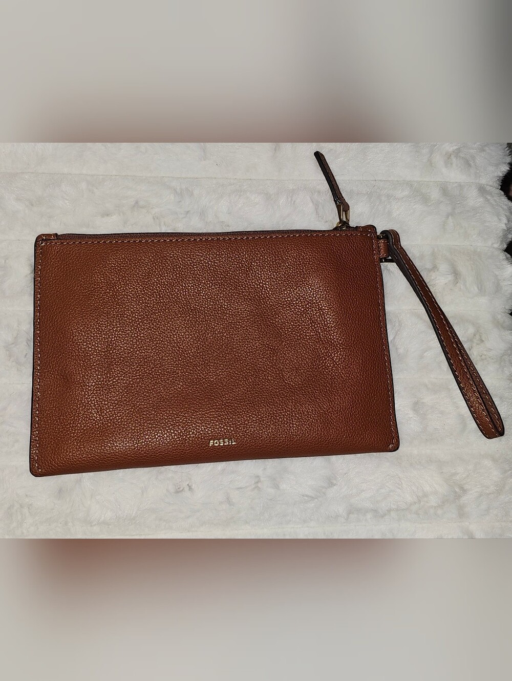 Fossil Brown Pebbled Leather Wristlette with Gold Logo, Gold Hardware & Gold Key